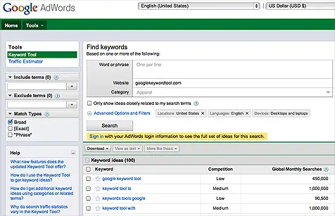 Google Keyword Tool